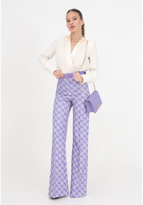White and purple women's flared trousers with golden metal logo ELISABETTA FRANCHI | PAS1541E2BX9